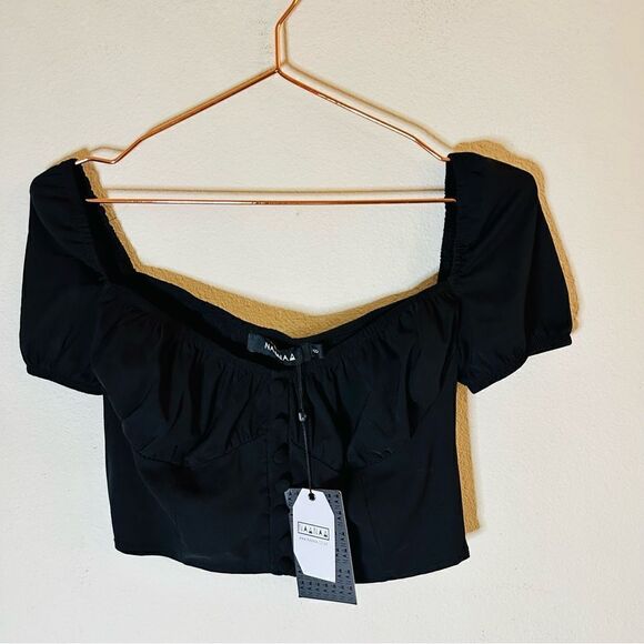 NWT ASOS Naanaa Black Puff Sleeve Crop Top UK8/US 4 - Picture 2 of 4